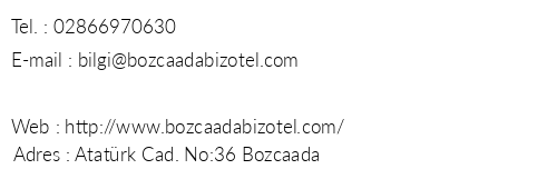 Bozcaada Biz Otel telefon numaralar, faks, e-mail, posta adresi ve iletiim bilgileri